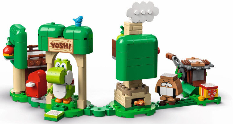 Zestaw Lego z Yoshim, drzewem, skrzynką pocztową i kominem. Dominują kolory zielony i brązowy.