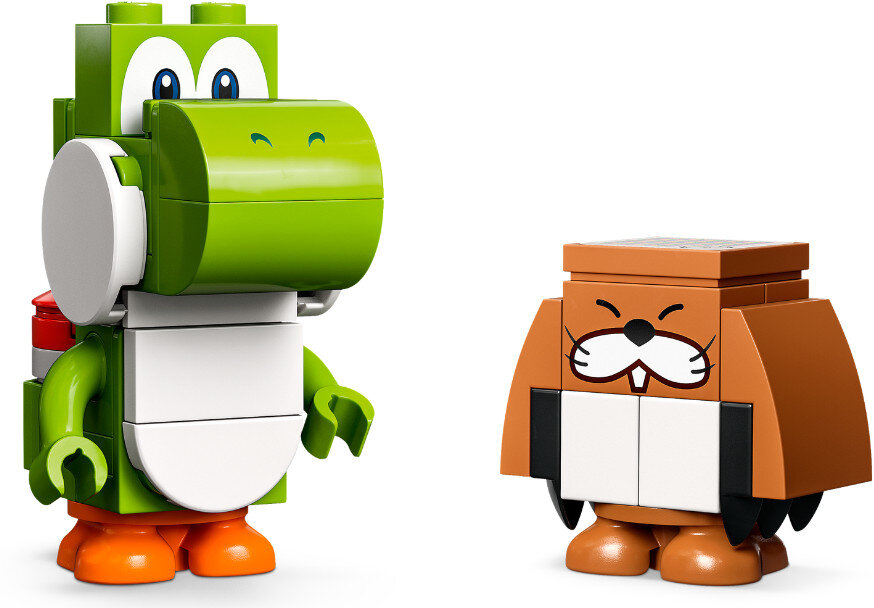 Lego Yoshi i brązowy kret Lego w zbliżeniu.