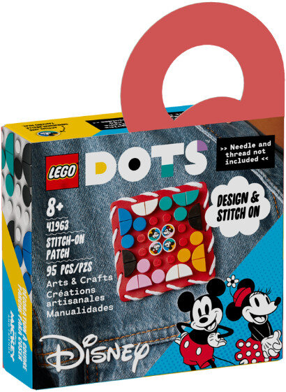 Zestaw LEGO Dots. Pudełko z wzorem naszywki Myszki Miki na dżinsie.