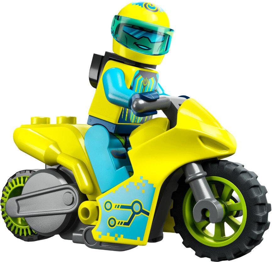 Żółty motocykl Lego z figurką Lego, która go prowadzi, noszącą kask i niebieskie akcenty.
