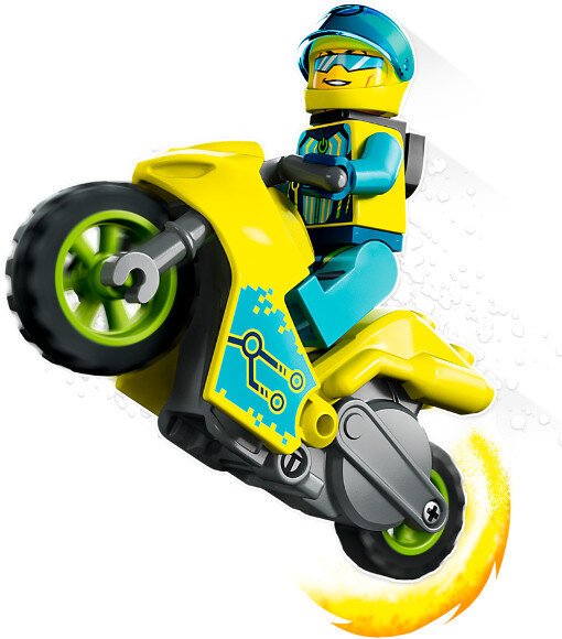 Figurka Lego na żółtym motocyklu, ścigająca się z efektem ognia.