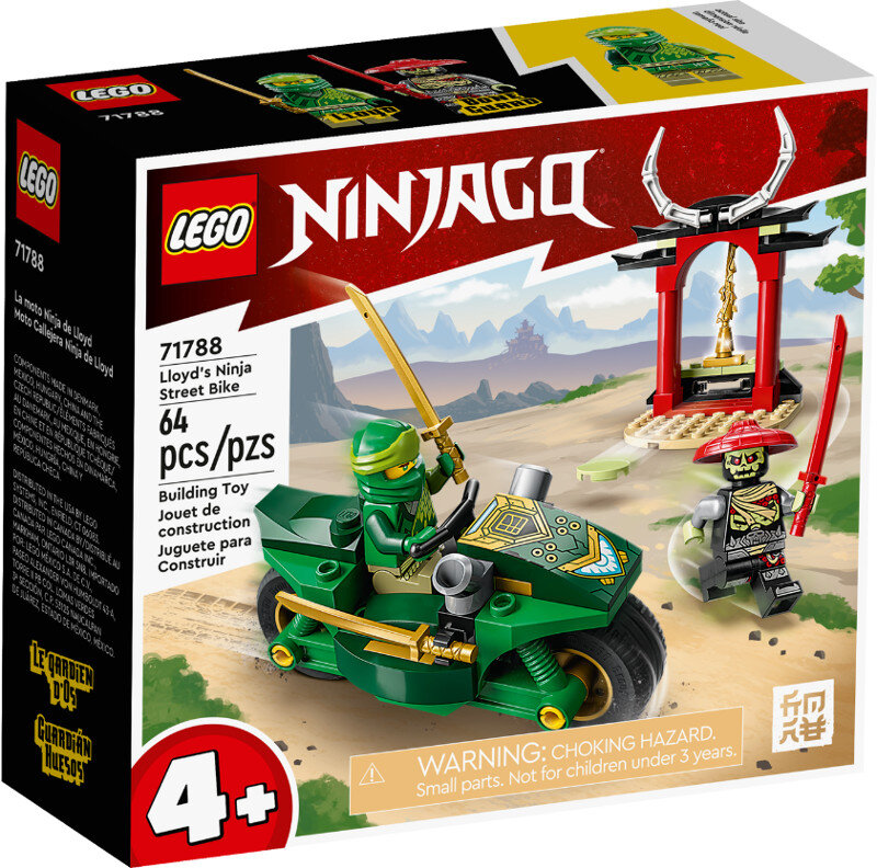 Pudełko zestawu Lego Ninjago. Ninja na zielonym motocyklu. Czerwony łuk i szkielet w tle.