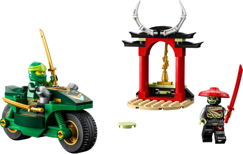 Zestaw Lego Ninjago. Ninja na zielonym motocyklu, świątynia i szkielet z czerwonym mieczem.