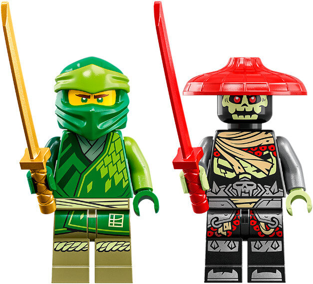 Dwie minifigurki LEGO Ninjago, jedna zielona, ​​jedna czarna z czerwonym kapeluszem i mieczem.