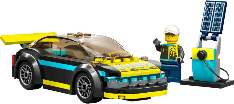 Samochód Lego City i stacja ładowania słonecznego z machającą minifigurką.