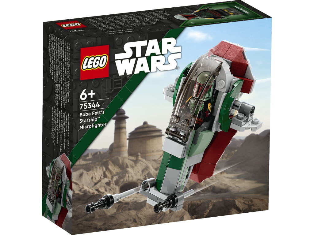 Pudełko Lego Star Wars Boba Fett's Starship. Statek kosmiczny na niebie.