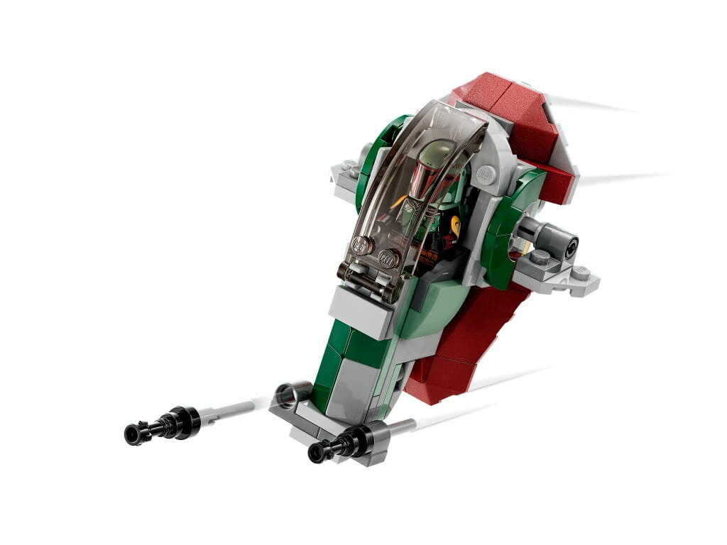 Pojazd Lego Star Wars, Slave I, lecący z figurką w środku.