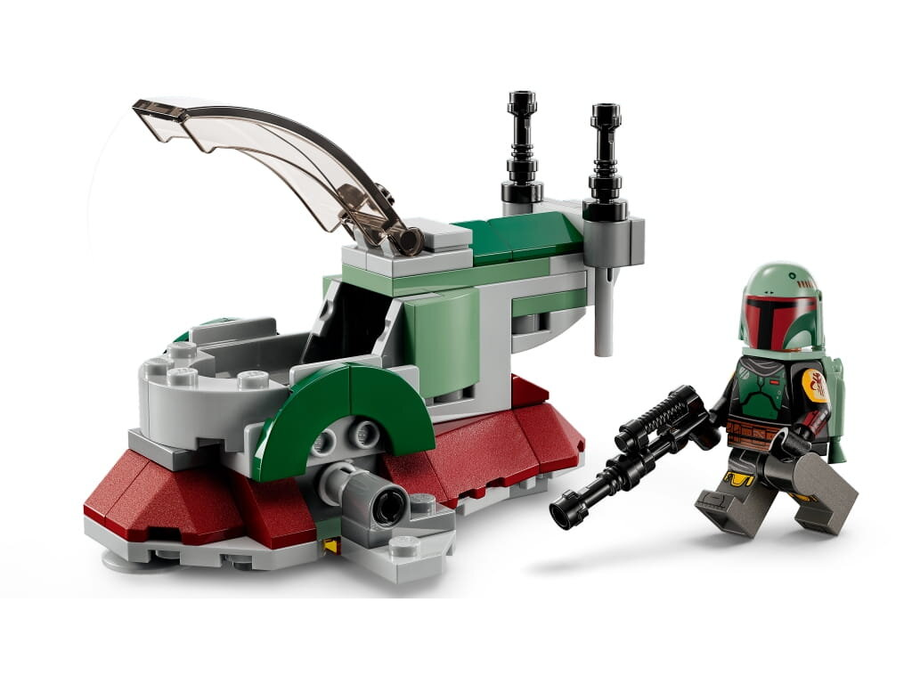 Model Lego Slave I z minifigurką Boba Fetta. Statek jest szary i zielony.