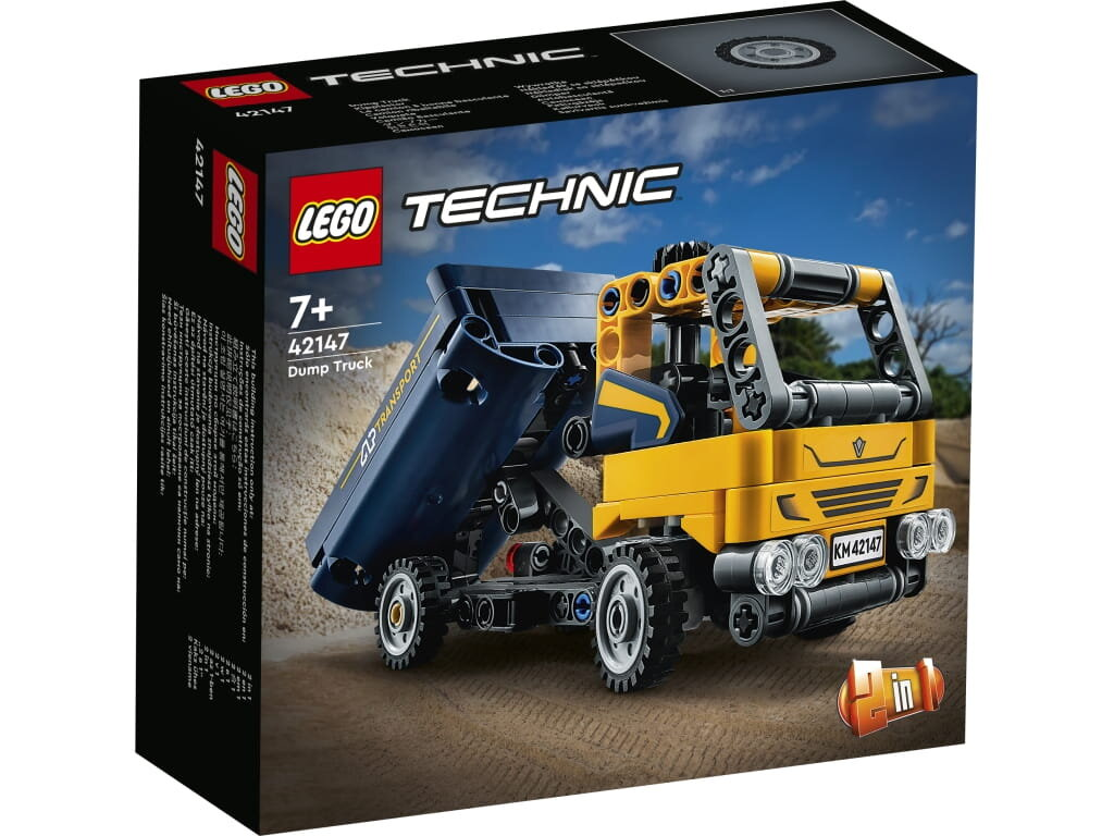 Pudełko Lego Technic. Prezentowany jest model wywrotki w kolorach żółtym i niebieskim. Tłem jest niebo.