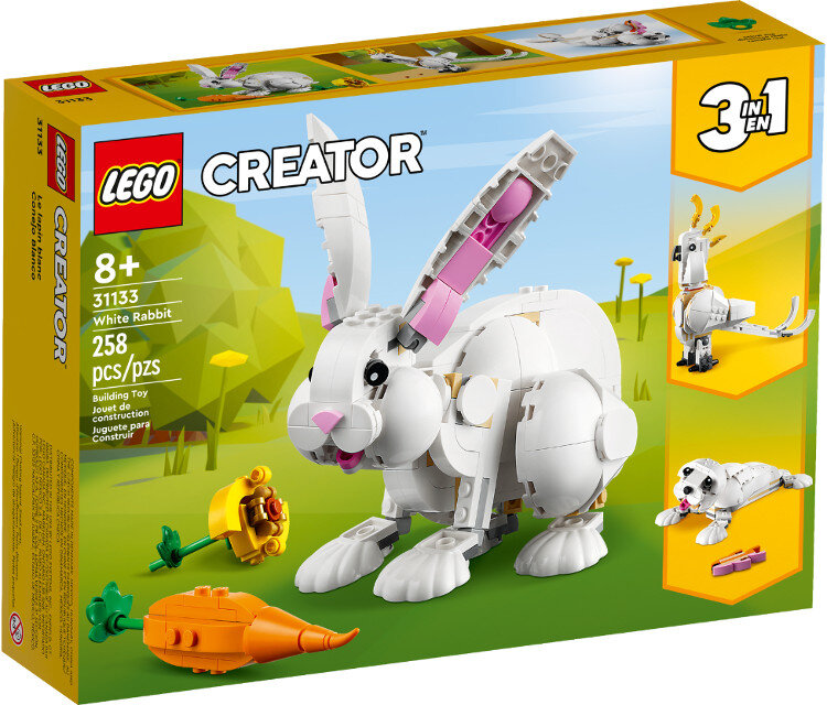 Pudełko zestawu LEGO Creator White Rabbit, z białym królikiem i zabawką marchewką.