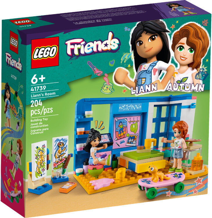 Pudełko zestawu Lego Friends Lianns Room. Dwie dziewczyny i scena wnętrza pokoju. Zabawka do budowania. Wiek 6+.