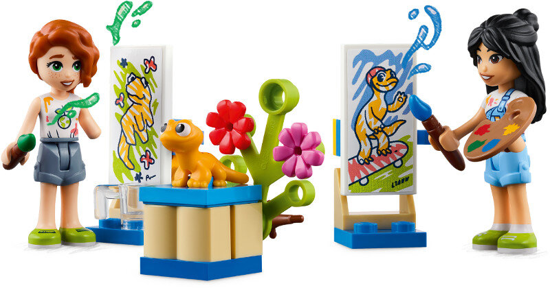 Scena Lego Friends: Dwie dziewczyny malują na sztalugach, jedna z jaszczurką i kwiatem.