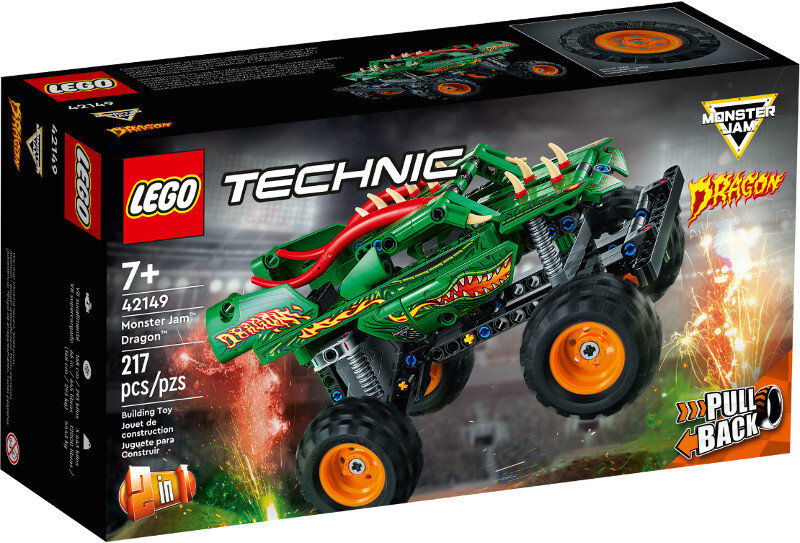 Pudełko Lego Technic Monster Jam Dragon. Zielony monster truck z pomarańczowymi kołami i logo Lego.
