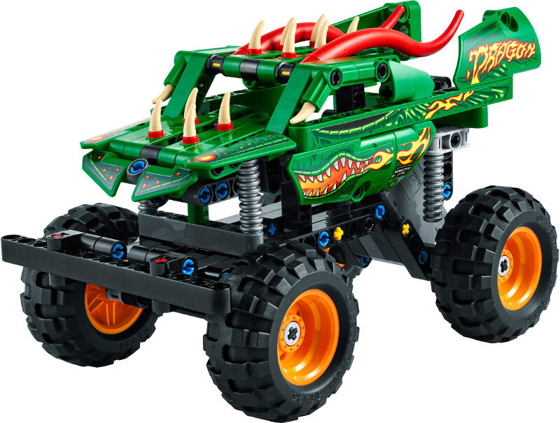 Zielony Lego monster truck z wzorem smoka. Czarne opony i pomarańczowe akcenty.