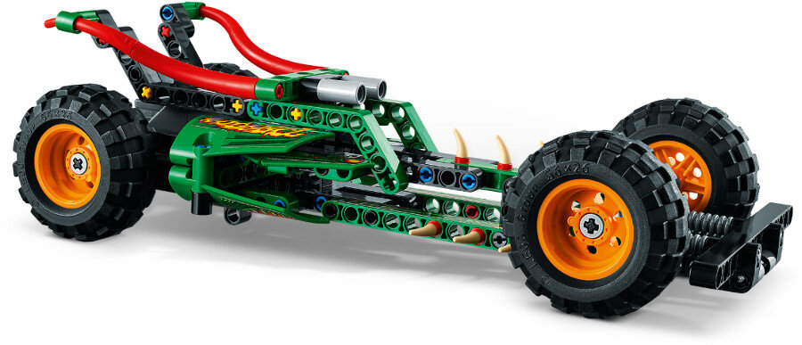 Zestaw samochodowy Lego Technic z pomarańczowymi kołami.