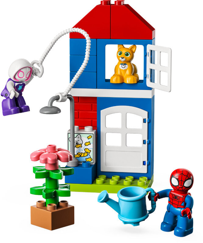 Scena z domu Lego z Spider-Manem, kotem i inną postacią z konewką.