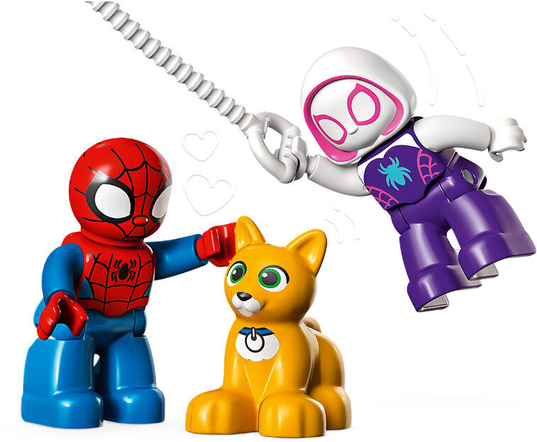 Spider-Man z figurką kota i Spider-Gwen z pajęczyną, w stylu kreskówki.