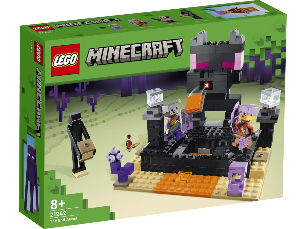 Pudełko zestawu Lego Minecraft. Zawiera scenę areny końca Minecrafta z figurkami, Endermanem i przedmiotami.