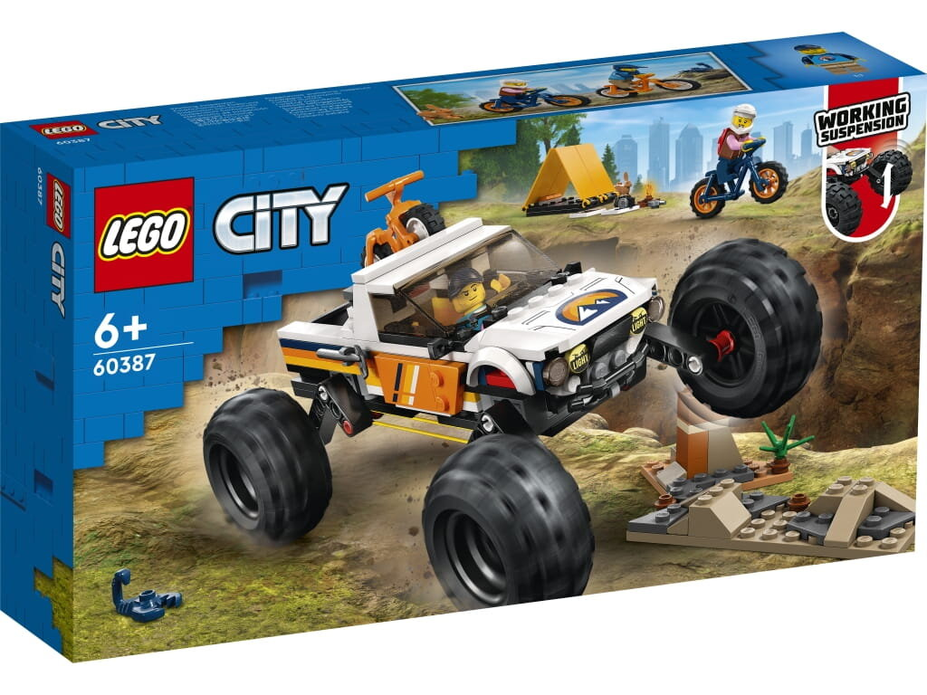 Pudełko zestawu LEGO City. Monster truck z dużymi kołami, figurkami, namiotem i motocyklem.