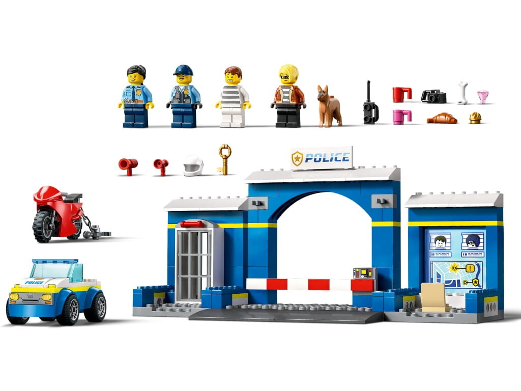 Zestaw Lego z komisariatem policji. Policjanci, akcesoria, samochód i motocykl.