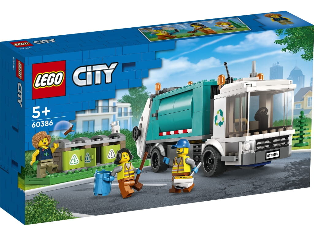 Zestaw LEGO City z śmieciarką. Minifigurki: śmieciarze i obywatel.