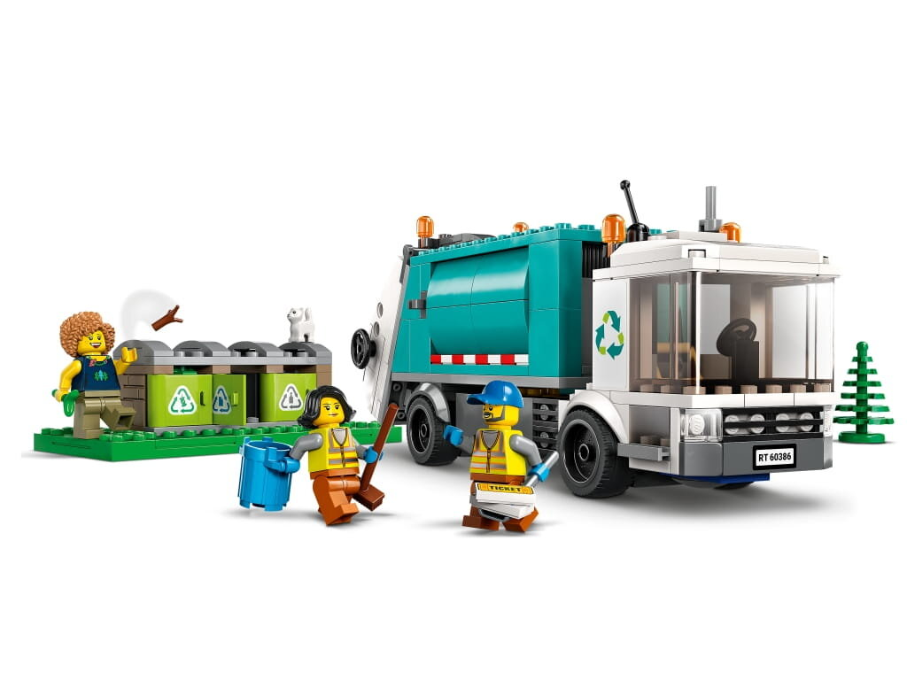 Lego City śmieciarka z figurkami i pojemnikami.