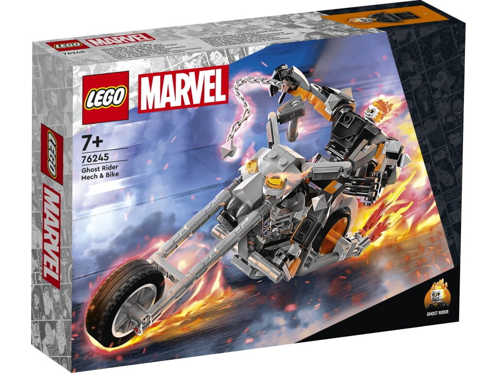 Pudełko Lego Marvel: Ghost Rider Mech & Bike. Mech i motocykl płoną. Ghost Rider jedzie.