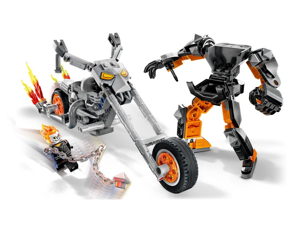 Zestaw Lego z motocyklem, Ghost Riderem i robotem.