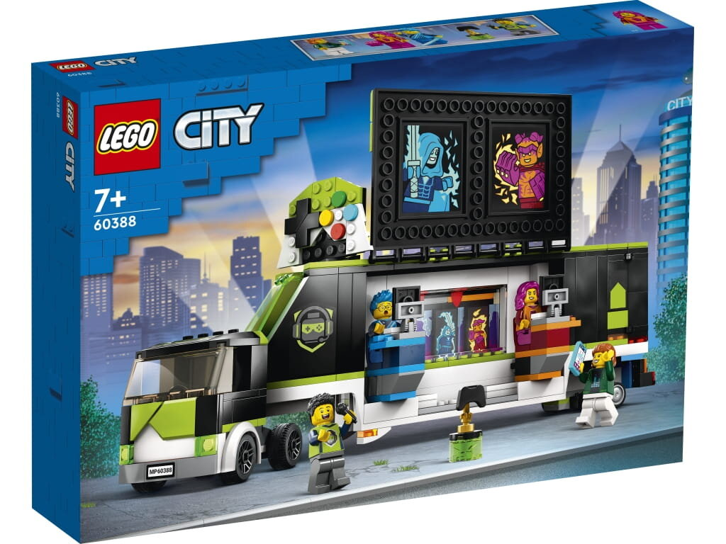 Zestaw LEGO City z zabawkową ciężarówką i figurkami. Ciężarówka ma duży ekran.