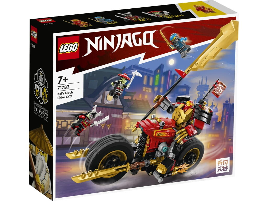 Pudełko zestawu Lego Ninjago Kai's Mech Rider EVO, z figurkami i motocyklem.