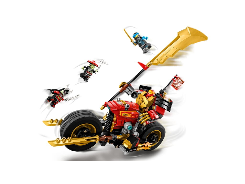 Zestaw Lego Ninjago z czerwono-złotym motocyklem, ninja i bronią.
