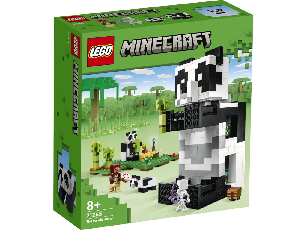 Zestaw Lego Minecraft Panda Haven, z figurkami pandy i budowlami z klocków.