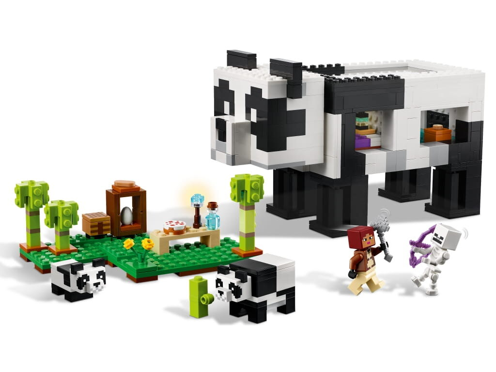 Zestaw Lego Minecraft. Duża panda, mniejsze pandy, stół piknikowy i figurka szkieletu.