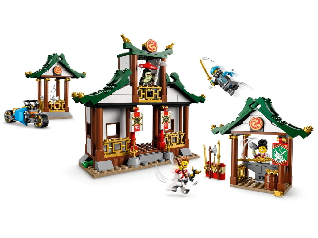 Zestaw Lego Ninjago z wieloma budynkami i minifigurkami.