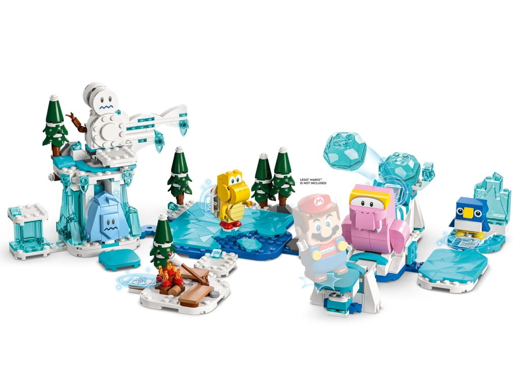 Zestaw Lego z postaciami Mario w zaśnieżonej scenerii. Zawiera bałwana, Koopa Troopa, pingwina i bloki lodu.