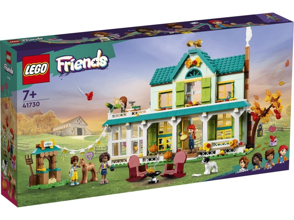 Zestaw Lego Friends, dom z figurkami, scena wiejska ze zwierzętami i ludźmi.