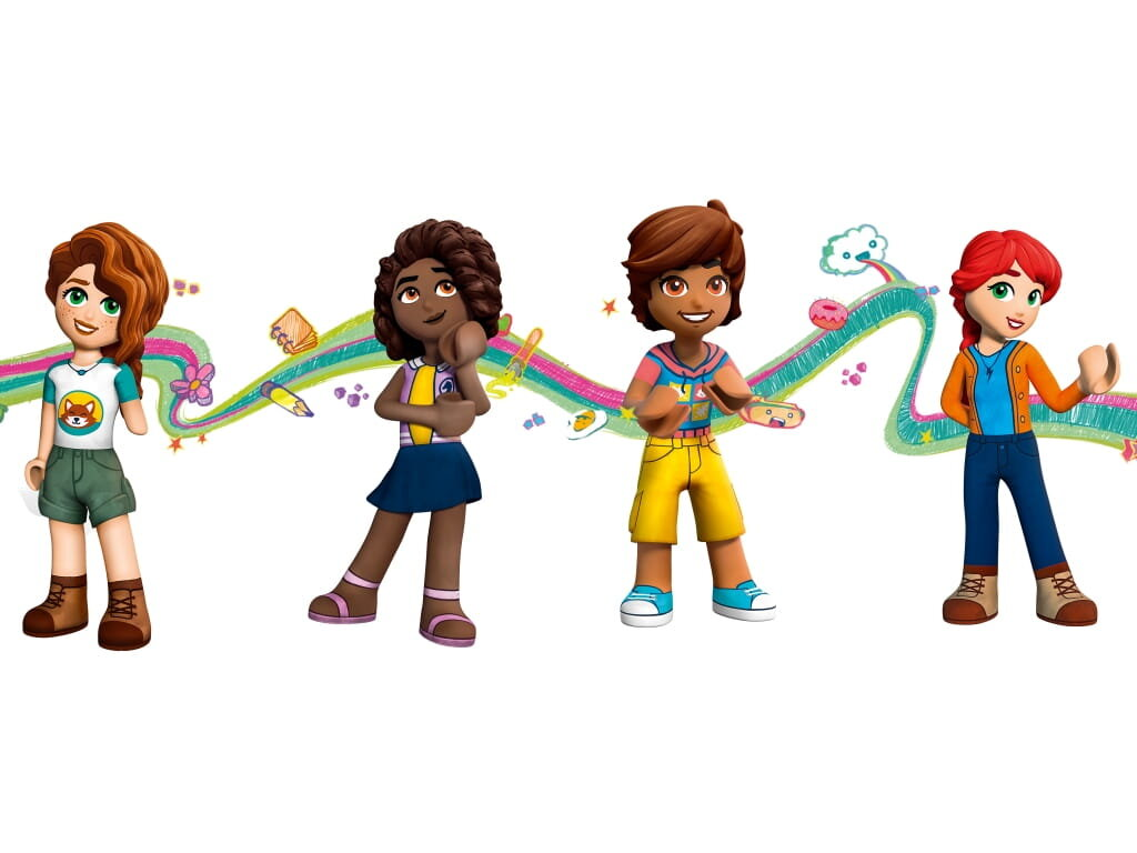 Cztery figurki Lego Friends, kolorowe tło z tęczowym wzorem.