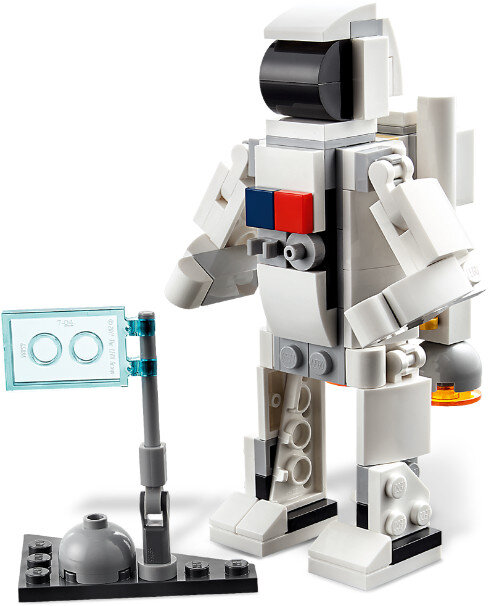 Model astronauty Lego, biało-szary, z małą flagą i podstawą.