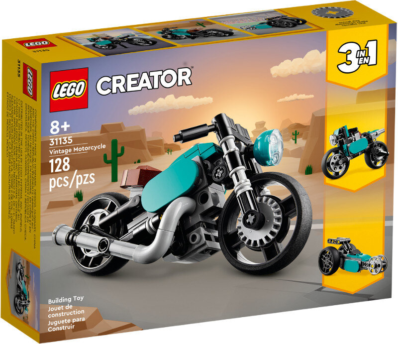 Pudełko zestawu LEGO Creator przedstawiające motocykl w stylu vintage. Zestaw zawiera turkusowy motocykl i akcesoria.