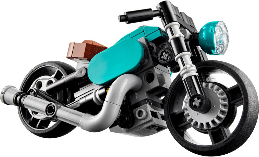 Model motocykla Lego z turkusowymi akcentami.