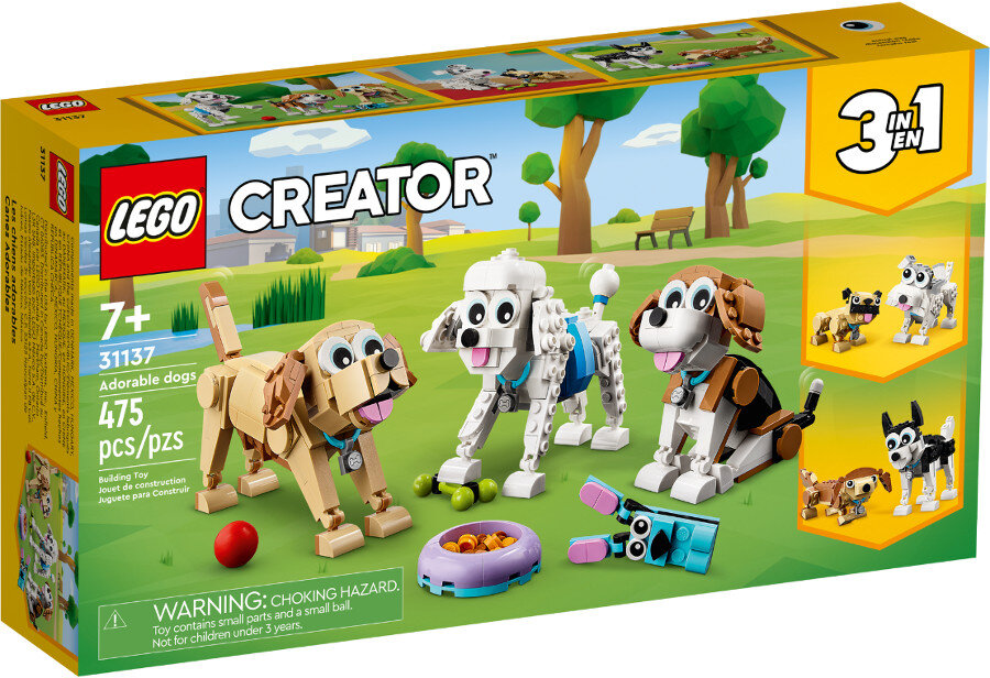 Pudełko Lego przedstawia trzy modele psów i jest opisane jako 'Adorable dogs' i '7+'.