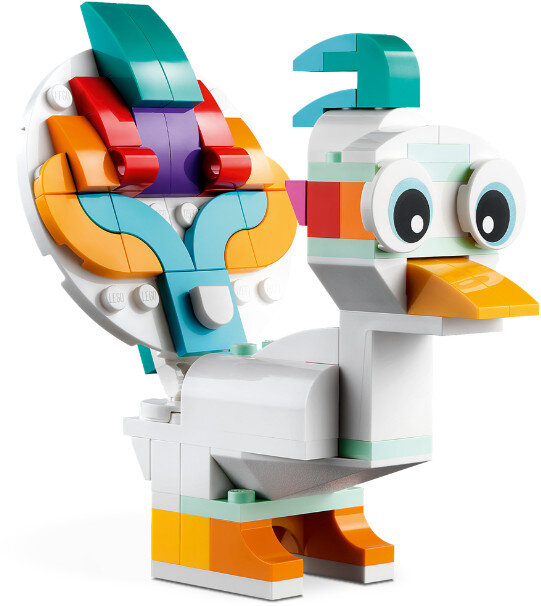 Model ptaka Lego, zbudowany z klocków w różnych kolorach.