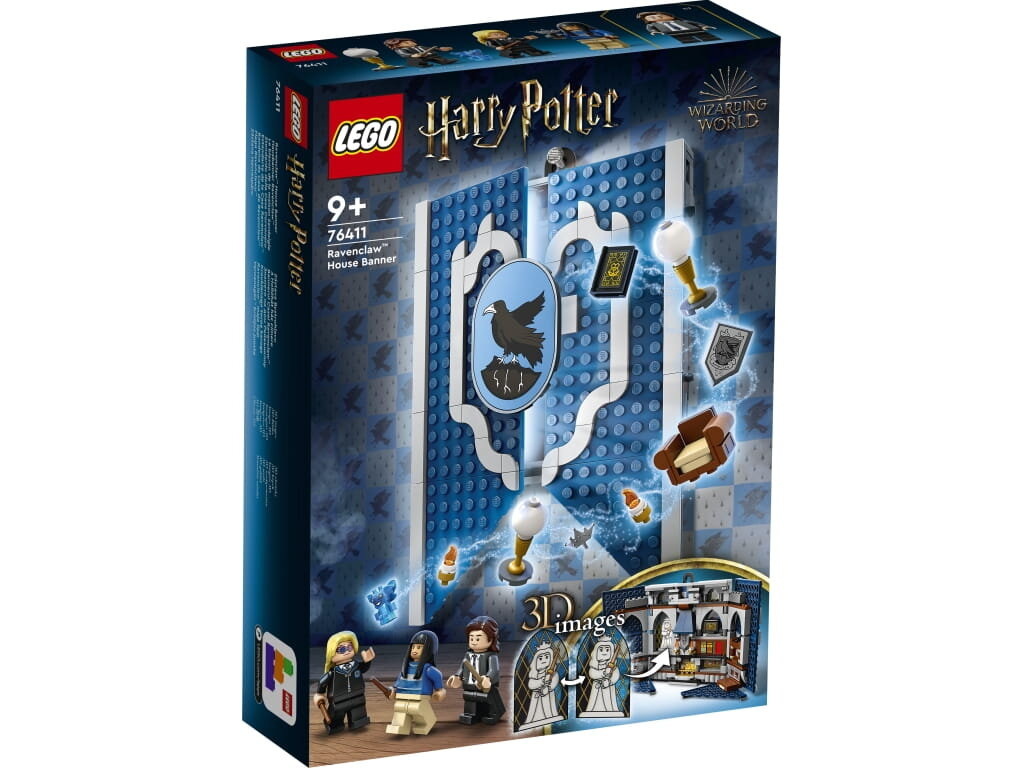 Pudełko z banerem domu Ravenclaw LEGO. Pudełko pokazuje niebieski baner i minifigurki.