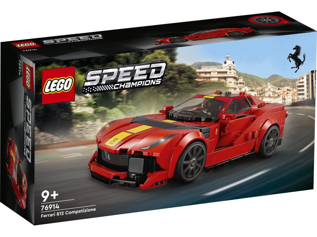 Zestaw Lego Speed Champions Ferrari 812 Competizione. Czerwony samochód z żółtymi akcentami na czarnym opakowaniu.