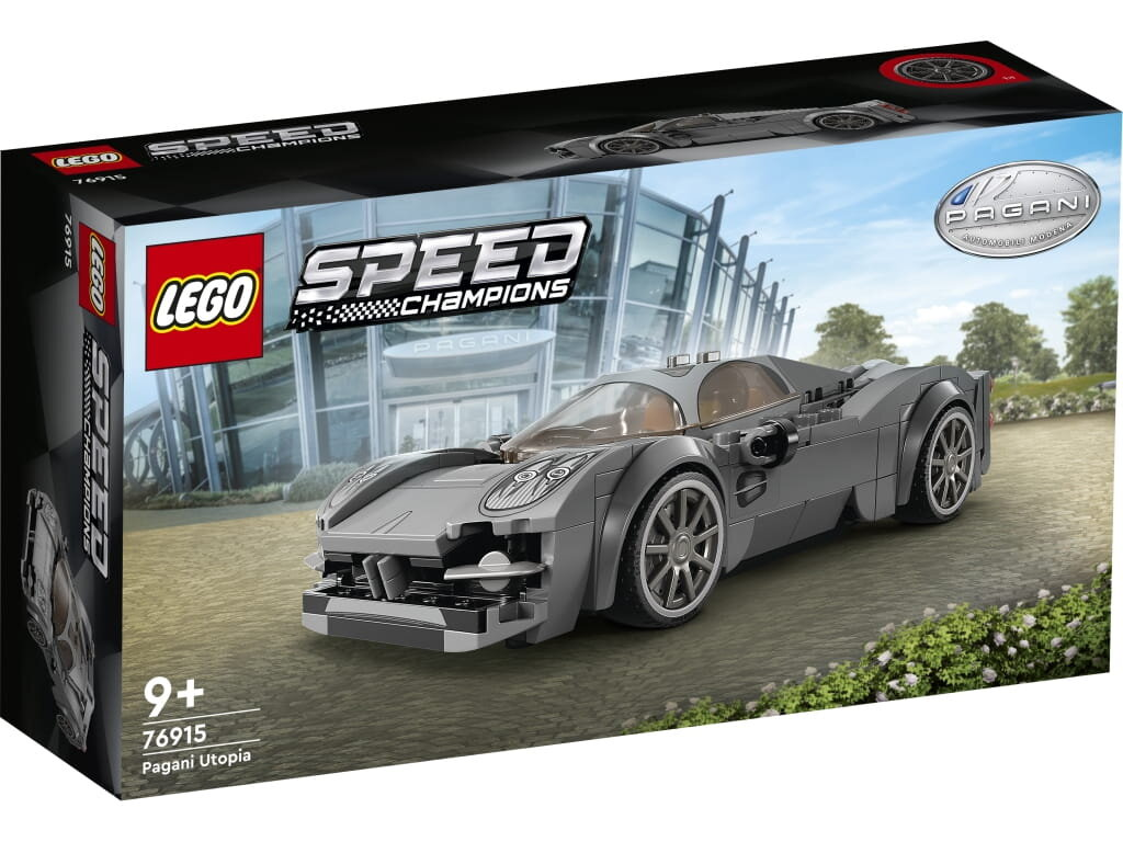 Zestaw Lego Speed Champions Pagani Utopia. Szary samochód sportowy na pudełku z logo Pagani.