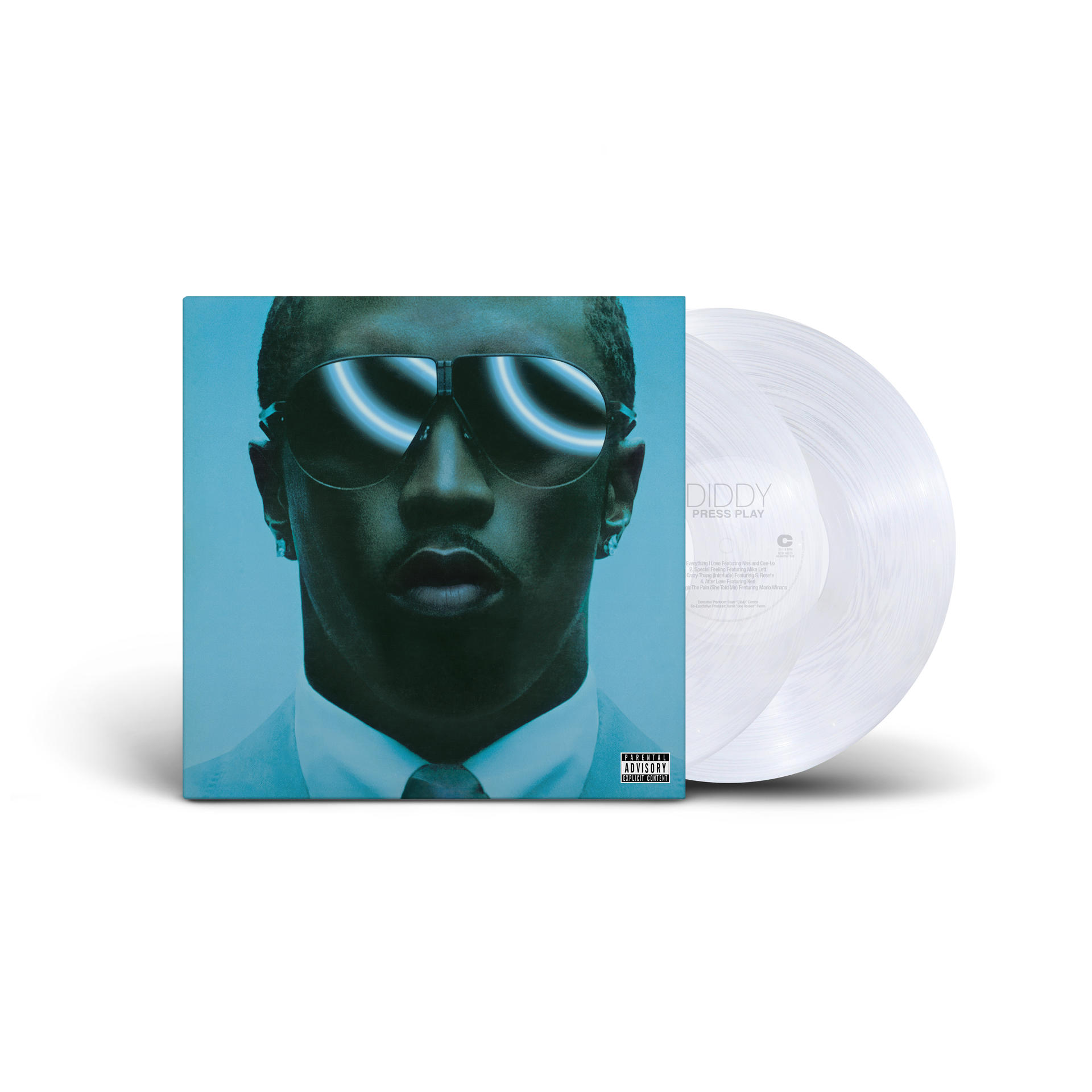 Diddy Albumcover 'Press Play'. Blauer Hintergrund, Sonnenbrille. Zwei klare Schallplatten.