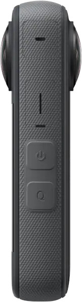 Side view of a dark gray action camera with lens on both sides.