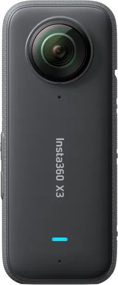 A grey Insta360 X3 camera with a lens and a button.