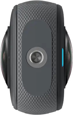 A black, round 360-degree camera with a grey side panel and two lenses.