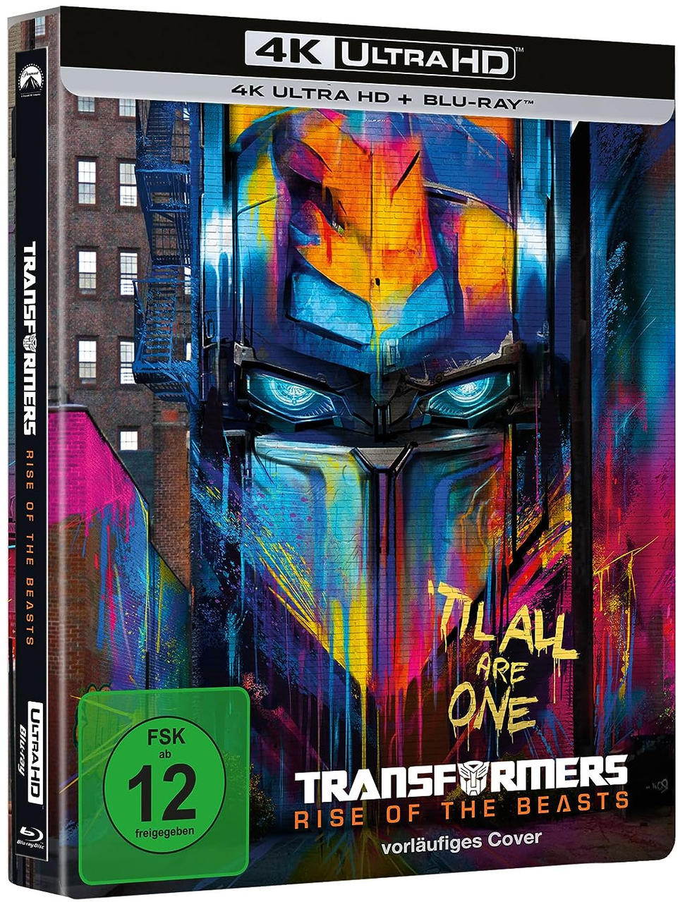 Ein Film-Box-Set, Transformers: Rise of the Beasts, mit farbenfroher Kunst.
